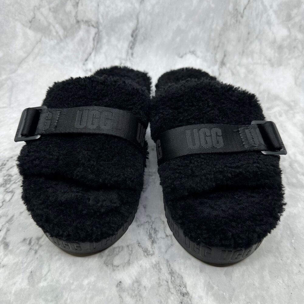 UGG Oh Fluffita Black Curly Sheepskin Platform Slide Sandals Women's Size 8 39